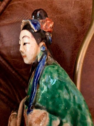 RARE 19TH C.  CHINESE SHIWAN POTTERY KWAN - YIN FIGURE LAMP WITH SILK PARASOL SHADE 7