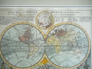 Antique 1736 Herman Moll Double Hemisphere Map - A Map of the Whole World 3