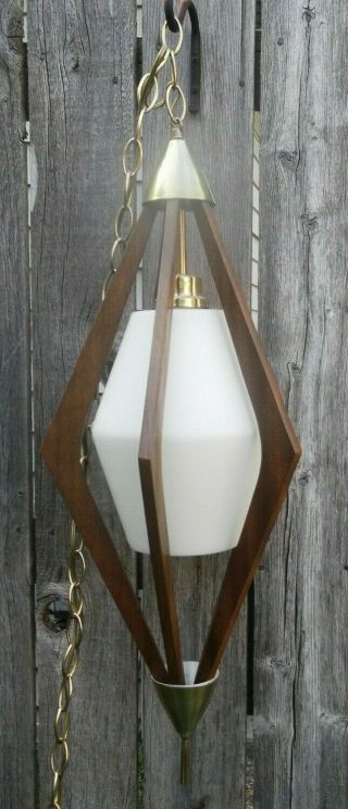 Vintage Mid Century Teak Wood And Glass Danish Modern Swag Lamp