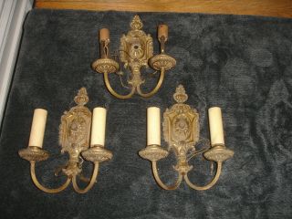 3 Antique Vintage (2) Double Arm Ornate French Electric Wall Sconces Faux Candle