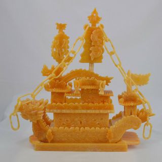 16 " China Natural Yellow Jade Zodiac Phoenix Dragon Sailing Boat Ship Treasure