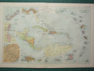 1928 Map West Indies & Central America Lesser Antilles Panama Jamaica Cuba Etc