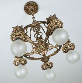 SWEET 20 ' s ANTIQUE VINTAGE Art Deco Ceiling Light FIxture CHANDELIER 5