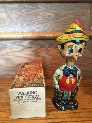 Vintage 1930’s Tin Walking Pinocchio Windup Boxed Made By Marx 5