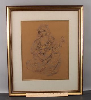 Vintage Mixed - Media Ink & Pastel Drawing,  Harlequin Woman Playing Lute Mandolin