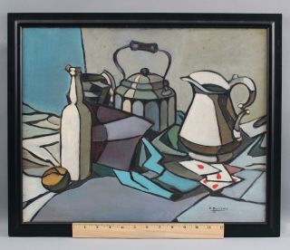 1959 Vintage Domingo Barreres Modernist Abstract Cubist Stillife Oil Painting Nr