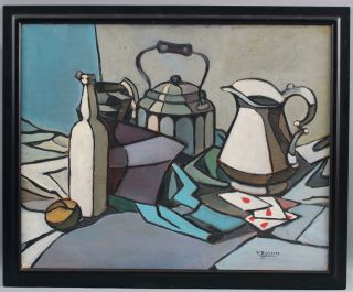 1959 Vintage DOMINGO BARRERES Modernist Abstract Cubist Stillife Oil Painting NR 2