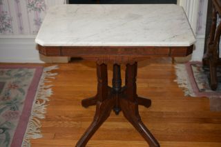 Victorian Eastlake Antique Walnut White Beveled Edge Marble Top Table