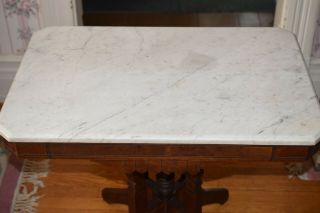 Victorian Eastlake Antique Walnut White Beveled Edge Marble Top Table 2