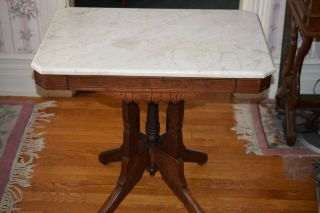 Victorian Eastlake Antique Walnut White Beveled Edge Marble Top Table 4