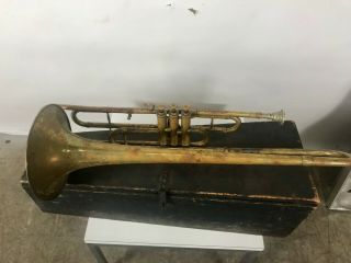 ANTIQUE Late 1800 ' s Henry Pourcelle Valve Trombone with Wooden Coffin Case 10