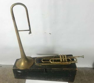 ANTIQUE Late 1800 ' s Henry Pourcelle Valve Trombone with Wooden Coffin Case 12