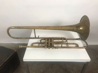ANTIQUE Late 1800 ' s Henry Pourcelle Valve Trombone with Wooden Coffin Case 2