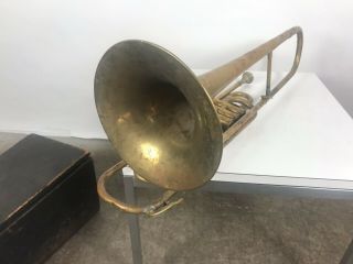 ANTIQUE Late 1800 ' s Henry Pourcelle Valve Trombone with Wooden Coffin Case 4