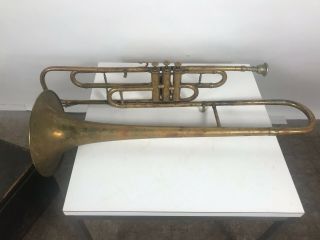 ANTIQUE Late 1800 ' s Henry Pourcelle Valve Trombone with Wooden Coffin Case 5