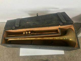ANTIQUE Late 1800 ' s Henry Pourcelle Valve Trombone with Wooden Coffin Case 7