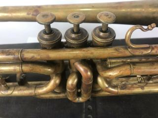 ANTIQUE Late 1800 ' s Henry Pourcelle Valve Trombone with Wooden Coffin Case 9