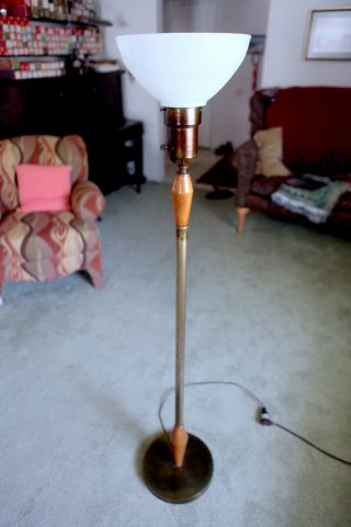 Brass And Teak Floor Lamp Early Mcm (antique Technically),  Mogul Base,