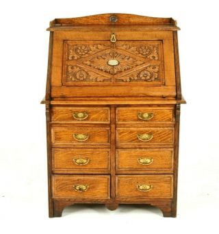 Slant Front Desk,  Antique Carved Desk,  File Cabinet,  Tiger Oak,  1880,  B1432