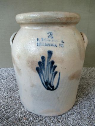 Antique Crock Stoneware,  F.  Woodworth 2 Gal Cobalt Slip,  Burlington,  Vt,  Ex Cond