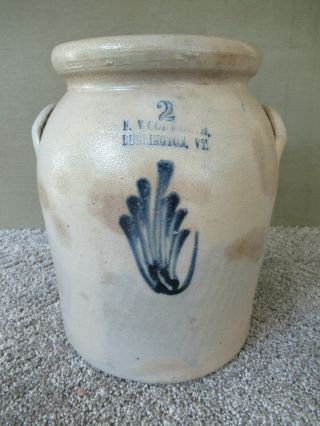 Antique Crock Stoneware,  F.  WOODWORTH 2 Gal Cobalt Slip,  Burlington,  VT,  Ex Cond 2