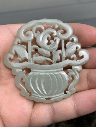 Lovely Antique Chinese White Jade Pendant With Flowers Fine Carving