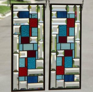 •geo• Red &turquoise Beveled Stained Glass Window Panels