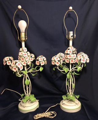 Pair Vtg Italian Tole Table Lamps White Pink Floral Hydrangea Leaves Shabby Chic