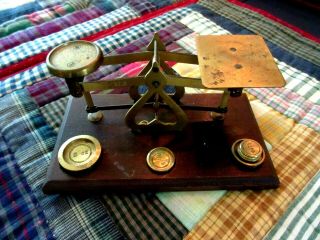Antique Postal Scale Wood Base & 4 Brass Weights Made In England Base 4 " X 7 "