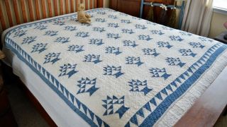 Antique 1800s Hand Stitched Blue Calico Cake Stand Quilt With Border