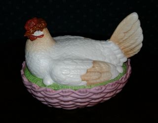 Victorian Era Lrg.  Antique English Bisque Hen On Basket Hand Painted & Detailed