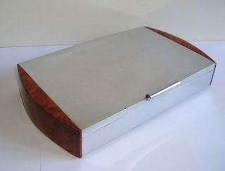 Antique Art Deco French Christofle Chrome & Burr Wood Desk Cigar Humidor Box