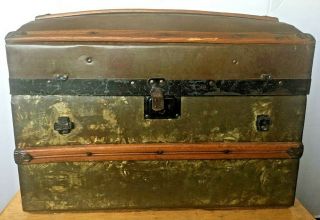 Vintage Antique Metal Wood Small Child Doll Dome Top Camel Hump Back Chest Trunk 7