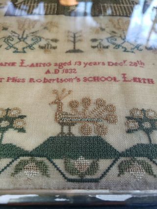 19thC Antique 1832 Scotland England Sampler Jane Laing aged 13 years 8