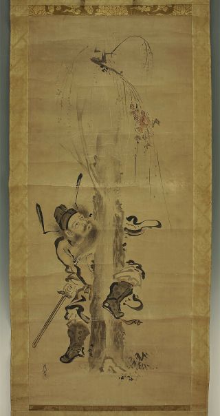 掛軸1967 Japanese Hanging Scroll : Kano Chikanobu " Shoki And Oni " @e256