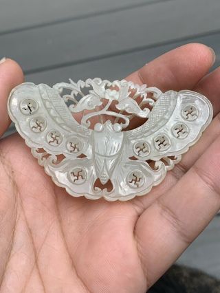 Extremely Antique Chinese White Jade Butterfly With Fine Carvings Qing