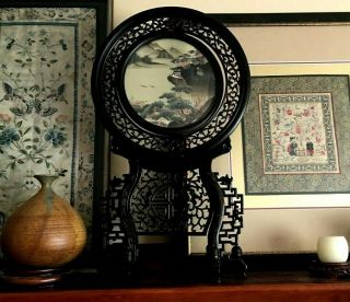 Fabulous Antique Chinese Silk Painting Embroidery In Hand Carved Rosewood Stand