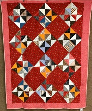 Vibrant Pa C 1890 - 1900 Pinwheel Quilt Antique Cheddar Red