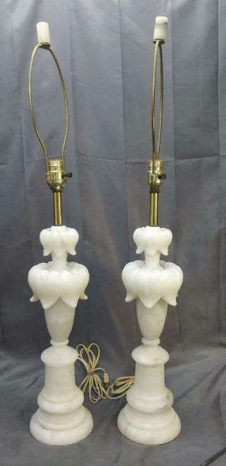 Two 2 Italian Alabaster Carving Carved Lamps Art Mid Century Modern Deco 2
