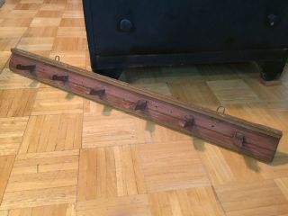 Early To Mid 19th Century Wood Peg Rack W Brown/ Red & Mustard Paint 6 Pegs 36 “