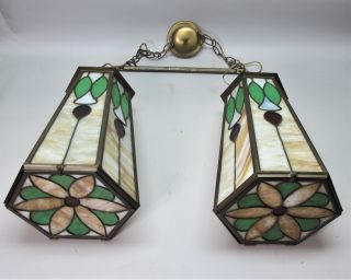 Unusual & Unique Art Nouveau Double Stained Leaded Glass Light Fixture C.  1920s