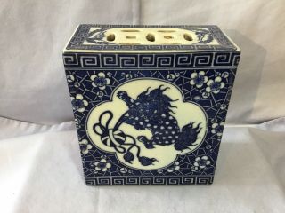 Signed Chinese Porcelain Blue & White Opium Pillow Foo Dogs W Rare Wax Tax Stamp