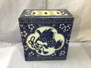 Signed Chinese Porcelain Blue & White OPIUM PILLOW Foo Dogs w Rare Wax Tax Stamp 2