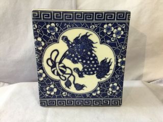 Signed Chinese Porcelain Blue & White OPIUM PILLOW Foo Dogs w Rare Wax Tax Stamp 6