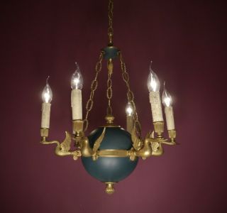 Swan Brass French Empire Chandelier Ceiling Lamp Lustre Old 6 Light