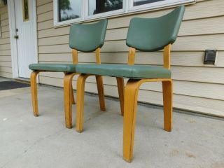 Pair 1950s Upholstered Mid Century Modern Bentwood Plywood Thonet Chairs Tagged 2