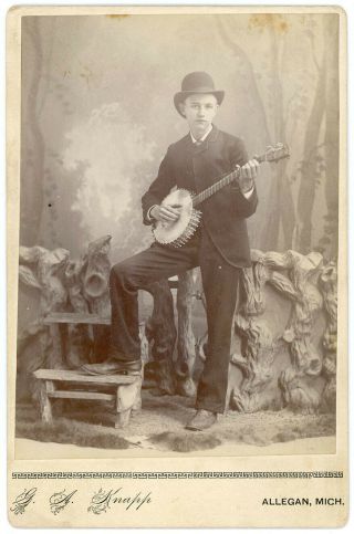 Cool Banjo Player Musician Circa 1880s Cabinet Card Photo Allegan Michigan