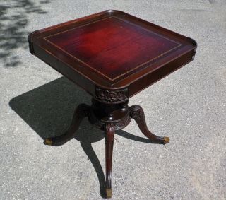 Vintage Pair Federal Regency Style Carved Mahogany Red Tooled Leather Top Tables 11