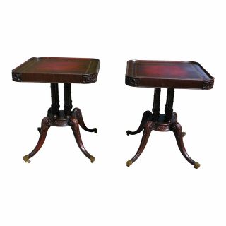 Vintage Pair Federal Regency Style Carved Mahogany Red Tooled Leather Top Tables