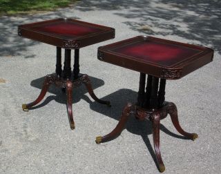 Vintage Pair Federal Regency Style Carved Mahogany Red Tooled Leather Top Tables 2